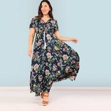 Shein Plus Botanical Print Shirred Tassel Drawstring Waist Maxi Dress