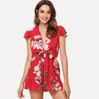 Shein Flower Print Ruffle Armhole Plunging Neck Romper
