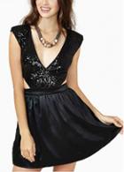 Rosewe Shining V Neck Black A Line Dress With Sequins
