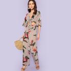 Shein Floral And Striped Print Wide Leg Knot Jumpsuit