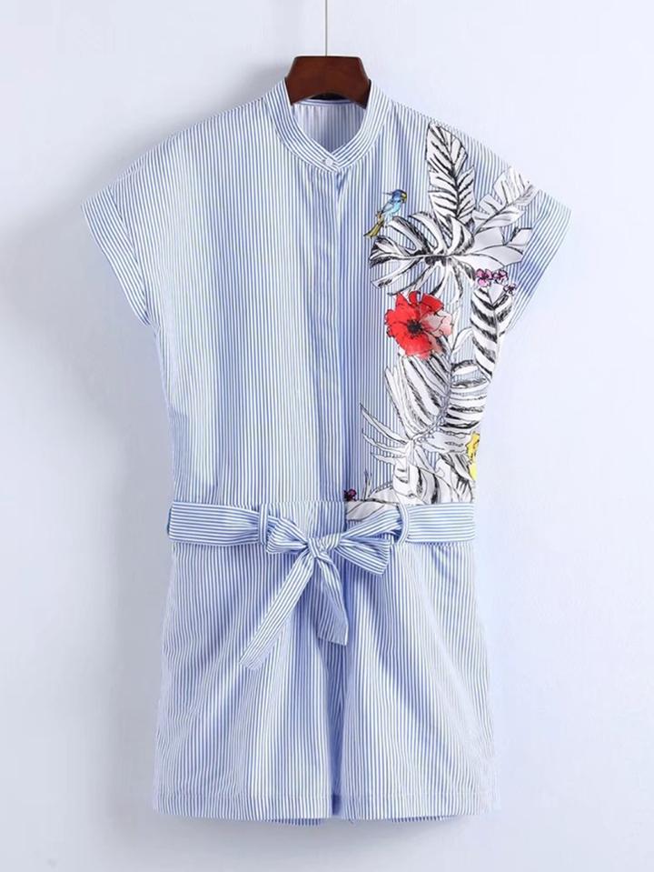 Shein Band Collar Bow Tie Waist Pinstripe Playsuit