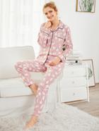 Shein Contrast Binding Cat Print Shirt & Pants Pj Set