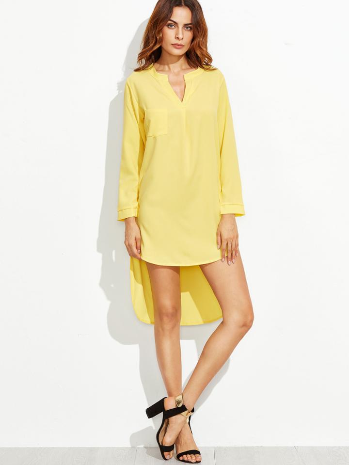 Shein Yellow V Neck High Low Curved Hem Dress