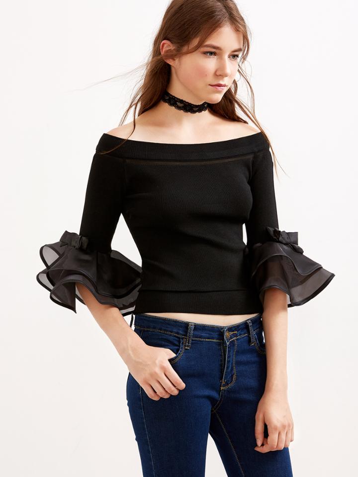 Shein Black Boat Neck Ruffle Shoulder Mesh Insert Bow Knit T-shirt