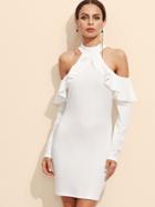 Shein White Open Shoulder Zipper Back Ruffle Dress