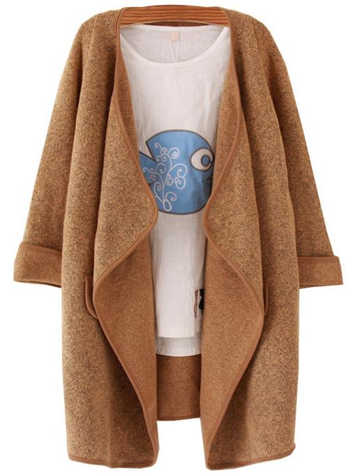 Shein Khaki Lapel Peplum Trims Loose Sweater Coat