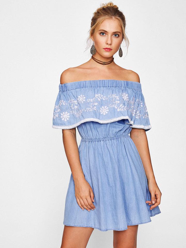 Shein Embroidery Flounce Bardot Denim Dress