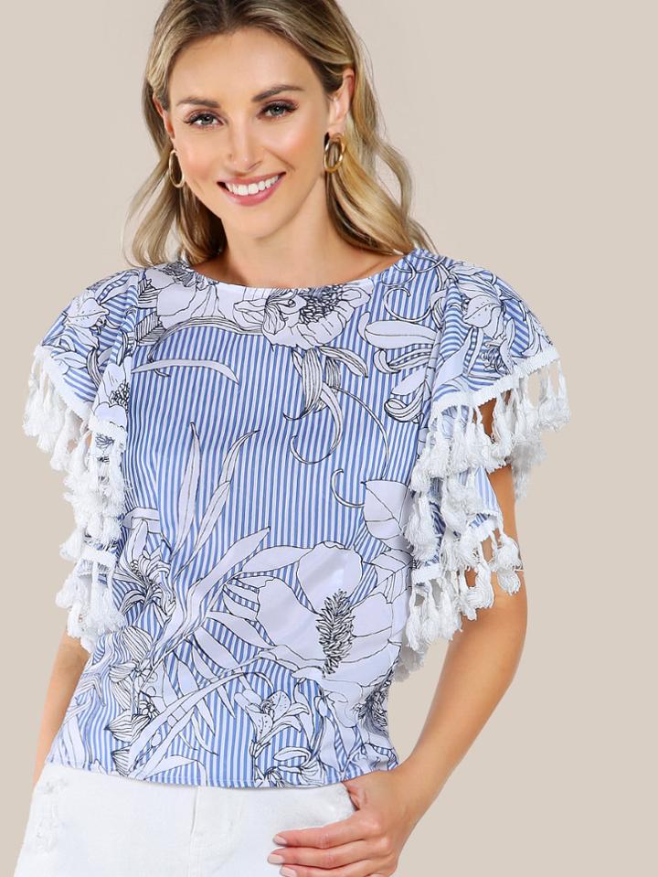 Shein Tassel Trim Striped Printed Random Top