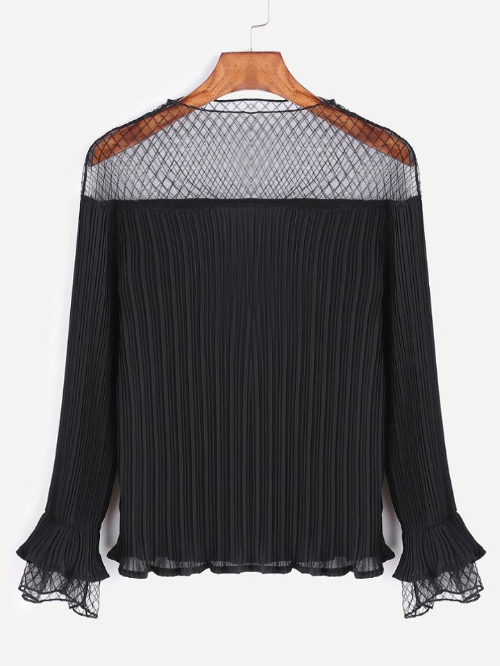 Shein Black Contrast Fishnet Mesh Ruffle Cuff Pleated Blouse