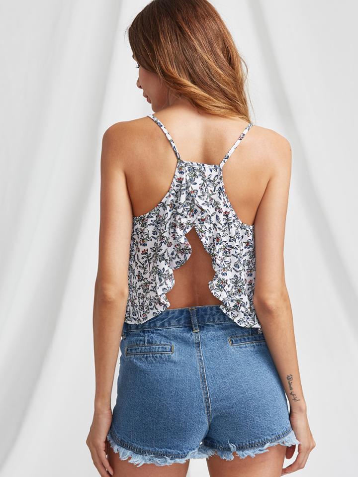 Shein Calico Print Frill Trim Overlap Back Cami Top