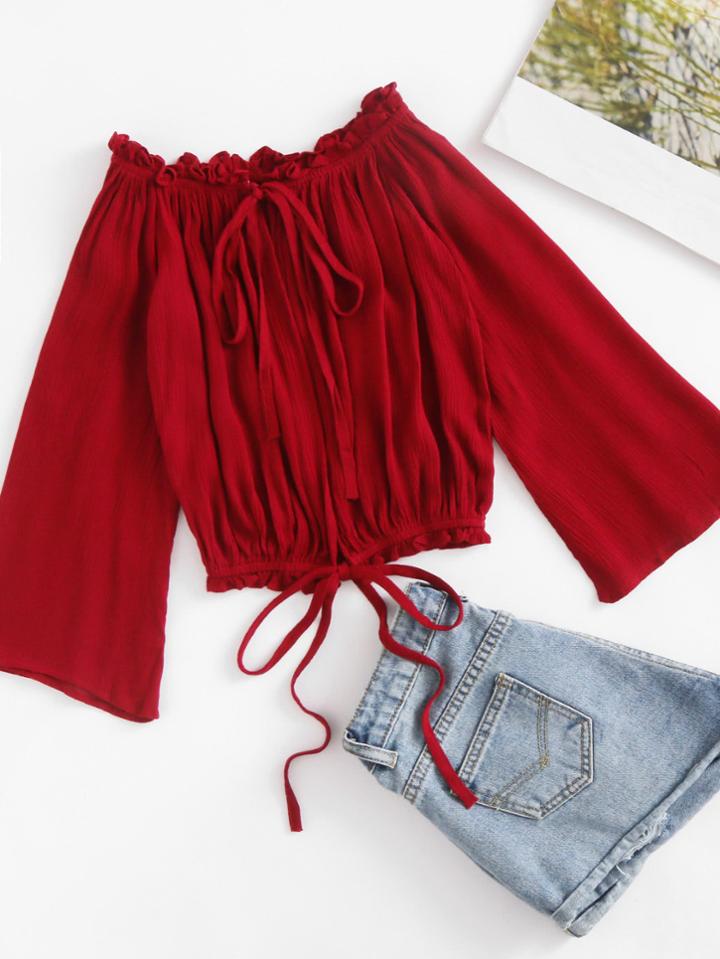 Shein Boat Neckline Self Tie Front Pleated Blouse