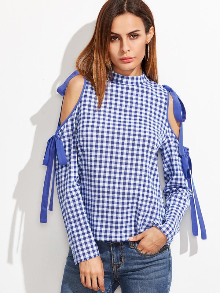 Shein Gingham Bow Tie Open Shoulder Blouse