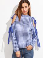 Shein Gingham Bow Tie Open Shoulder Blouse