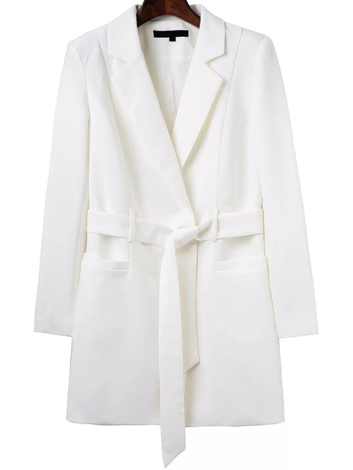 Shein White Single Button Long Blazer With Tie