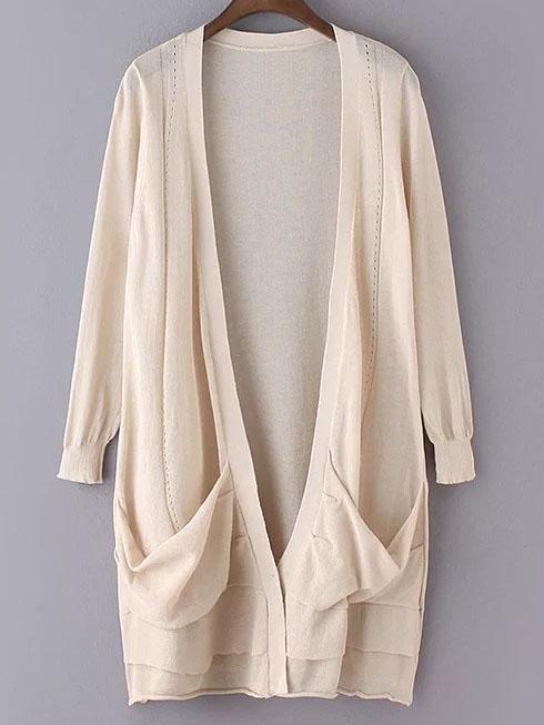 Shein Beige Long Sleeve Pockets Cardigan Outerwear