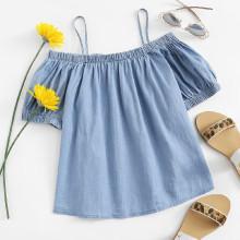 Shein Open Shoulder Denim Blouse