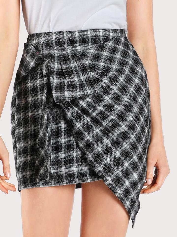 Shein Plaid Tied Asymmetric Hem Skirt