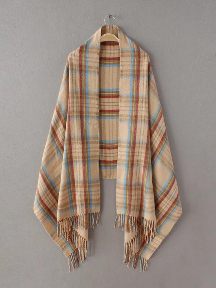 Shein Khaki Tartan Plaid Long Fringe Shawl Scarf