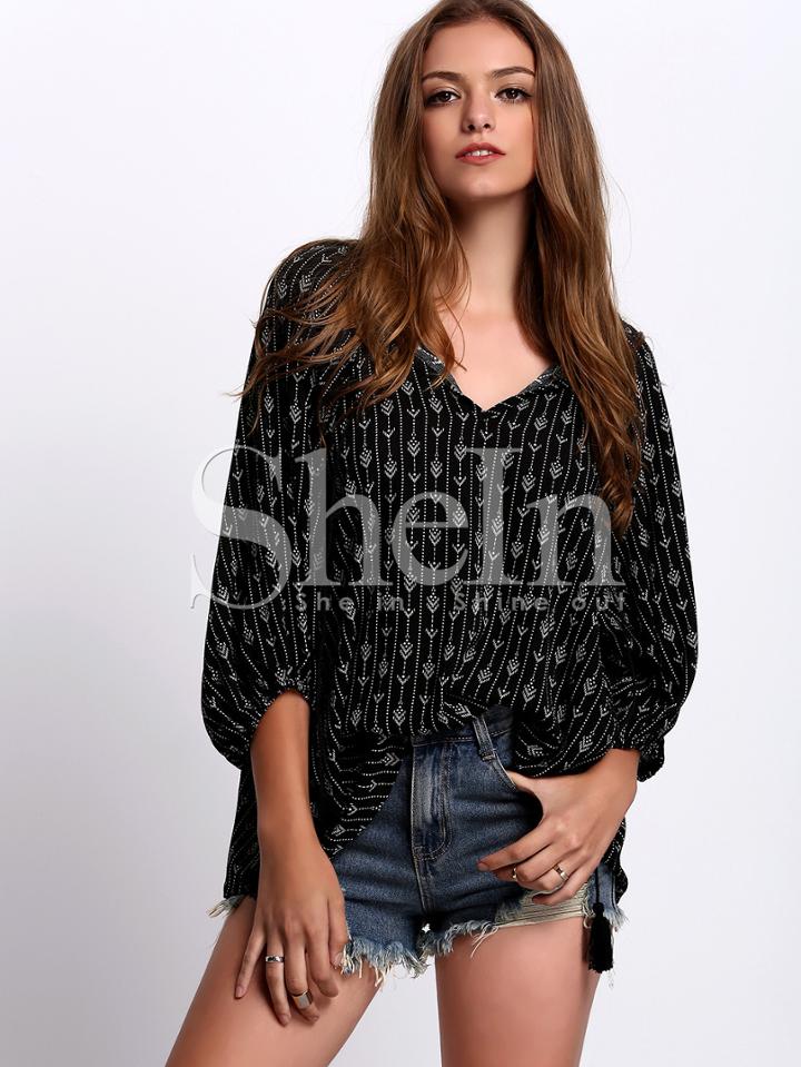 Shein Black Split Round Neck Tassel Arrow Print Blouse