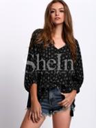 Shein Black Split Round Neck Tassel Arrow Print Blouse