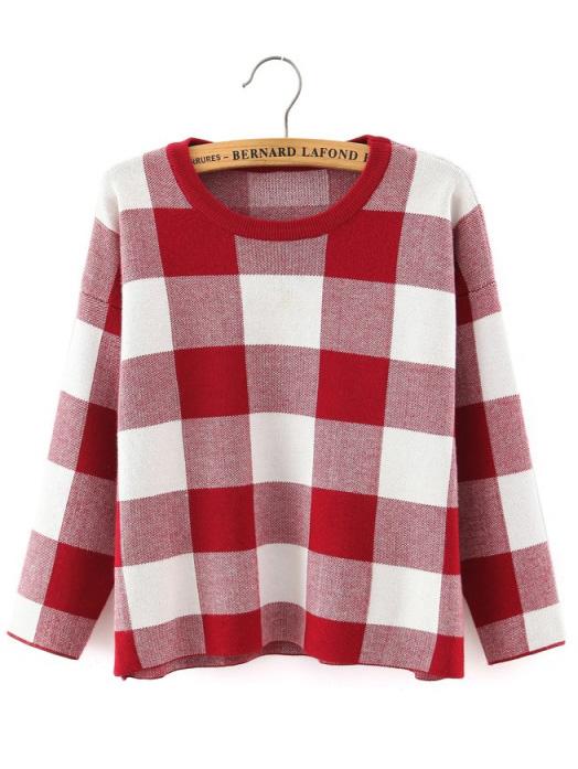 Shein Red White Round Neck Plaid Crop Knitwear