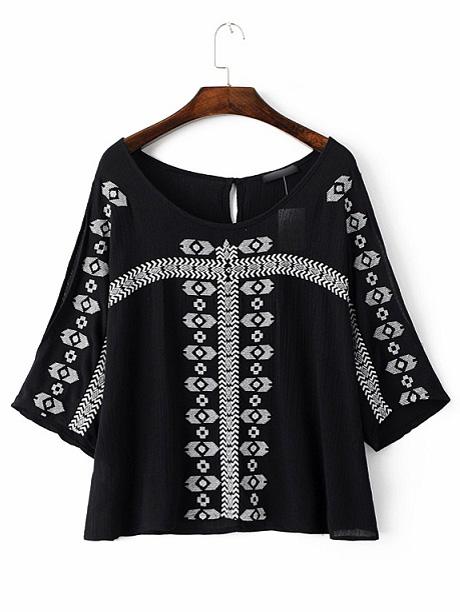Shein Black Embroidery Boat Neck Key Hole Blouse