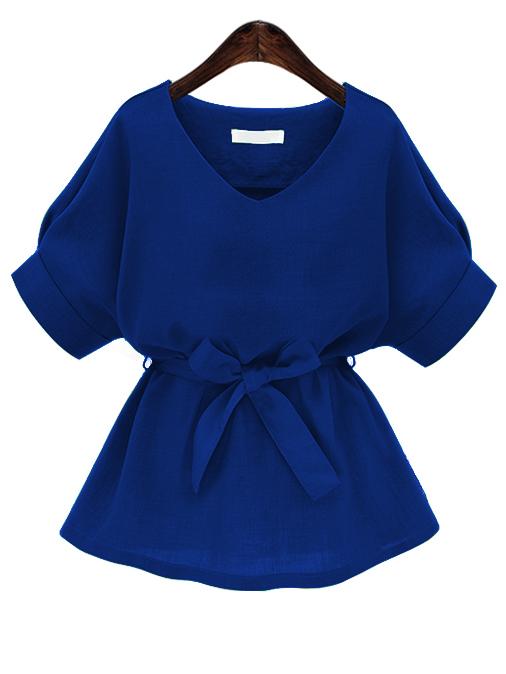 Shein Royal Blue Plunging Neckline Bow Tie Waist Blouse