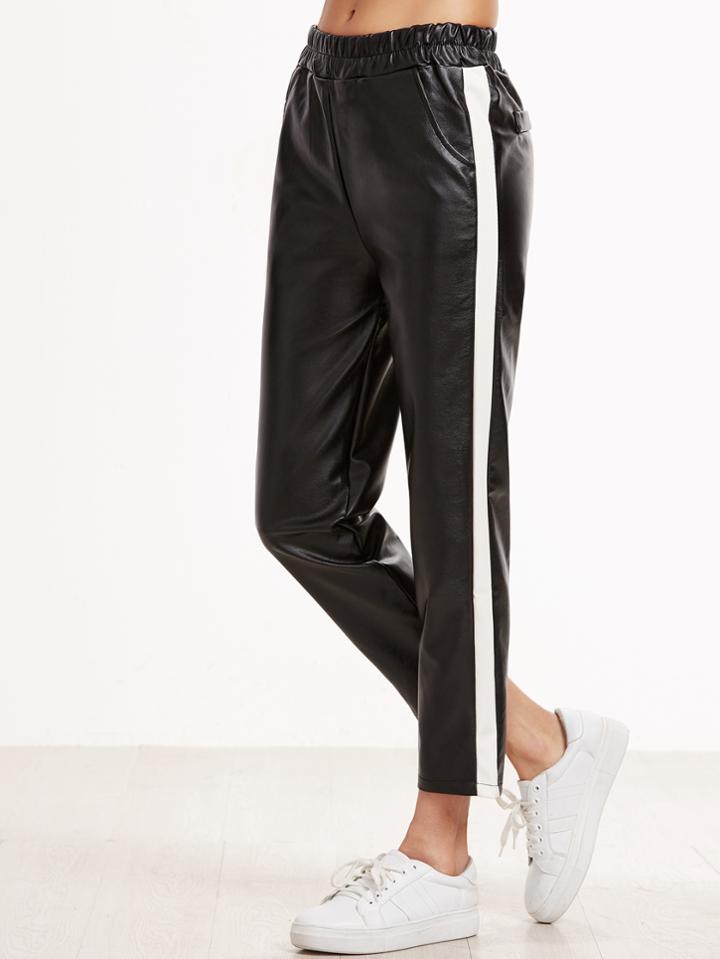 Shein Black Striped Side Faux Leather Pants