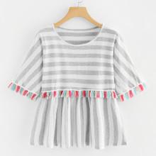 Shein Plus Contrast Stripe Tassel Trim Tee