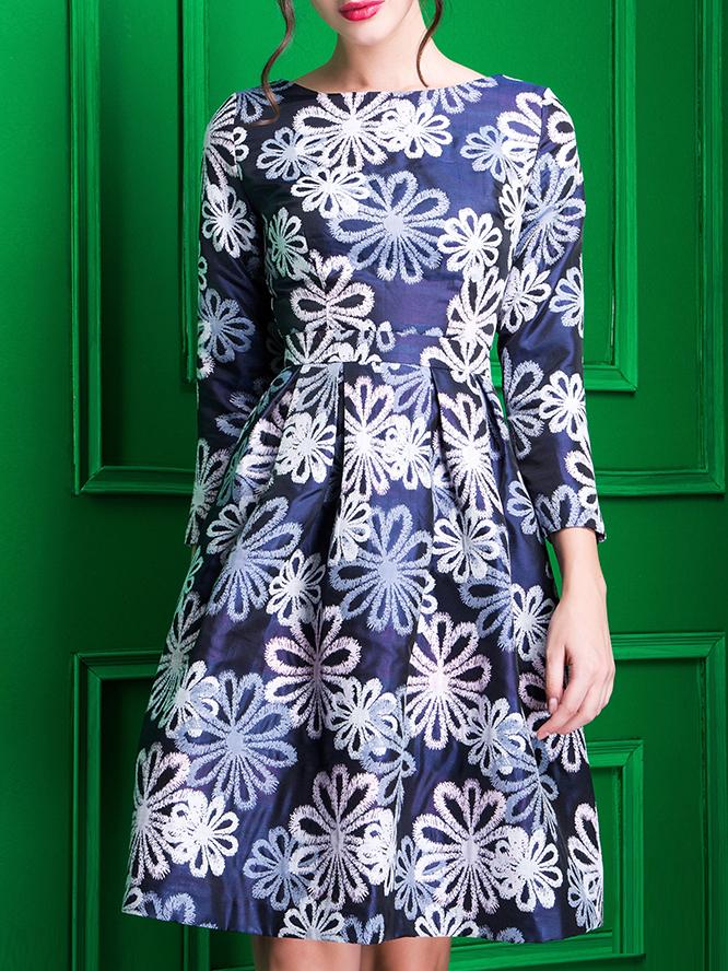 Shein Blue Crew Neck Jacquard A-line Dress