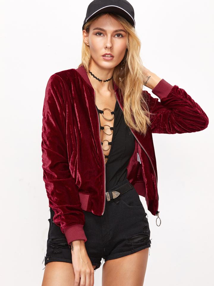Shein Burgundy Ribbed Trim Zip Up Velvet Bomber Jacket