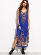 Shein Blue Print Spaghetti Strap Split Side Long Dress