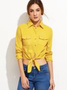 Shein Yellow Roll Tab Sleeve Knotted Hem Shirt