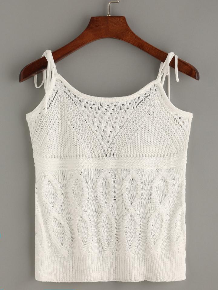 Shein White Tie Shoulder Hollow Out Knitted Top