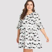 Shein Plus Flounce Sleeve Flamingo Print Dress
