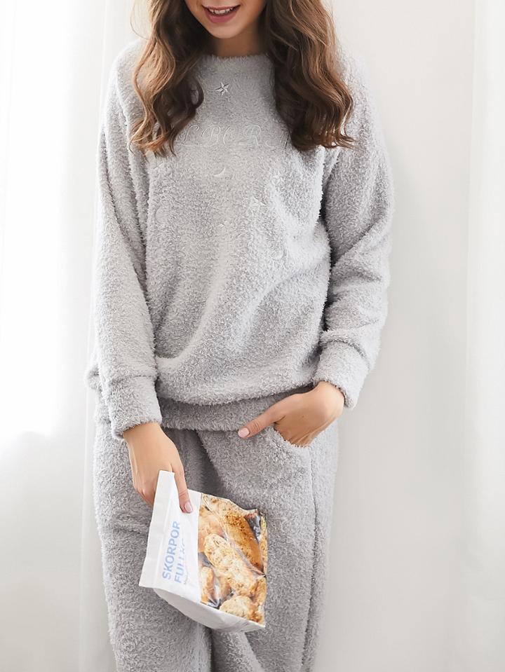 Shein Embroidered Plush Pullover & Pants Pj Set