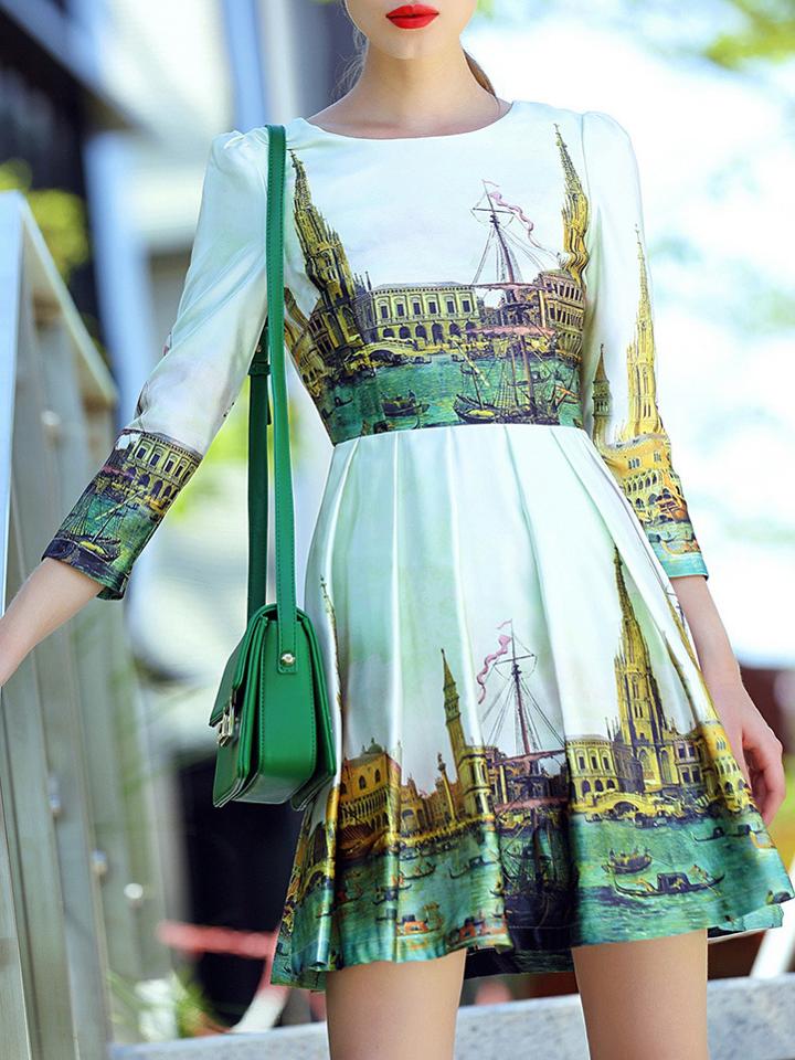 Shein White Round Neck Length Sleeve Building Print Dress