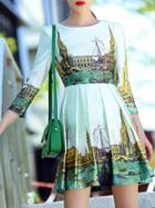 Shein White Round Neck Length Sleeve Building Print Dress