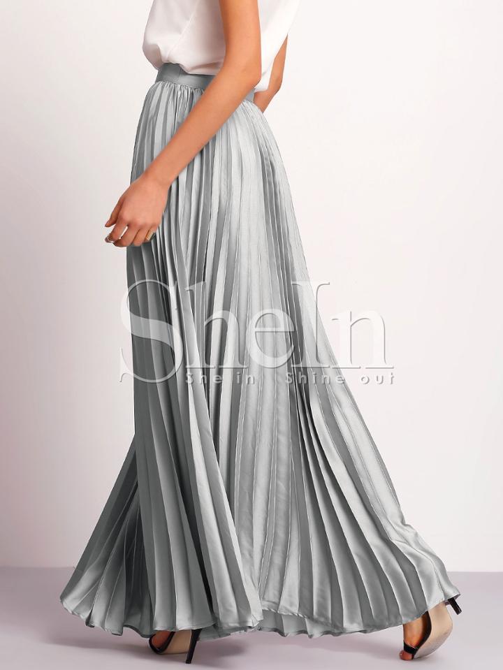Shein Silver Zipper Side Pleated Flare Maxi Skirt