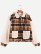 Shein Plaid Contrast Sleeve Patch Pockets Sherpa Coat
