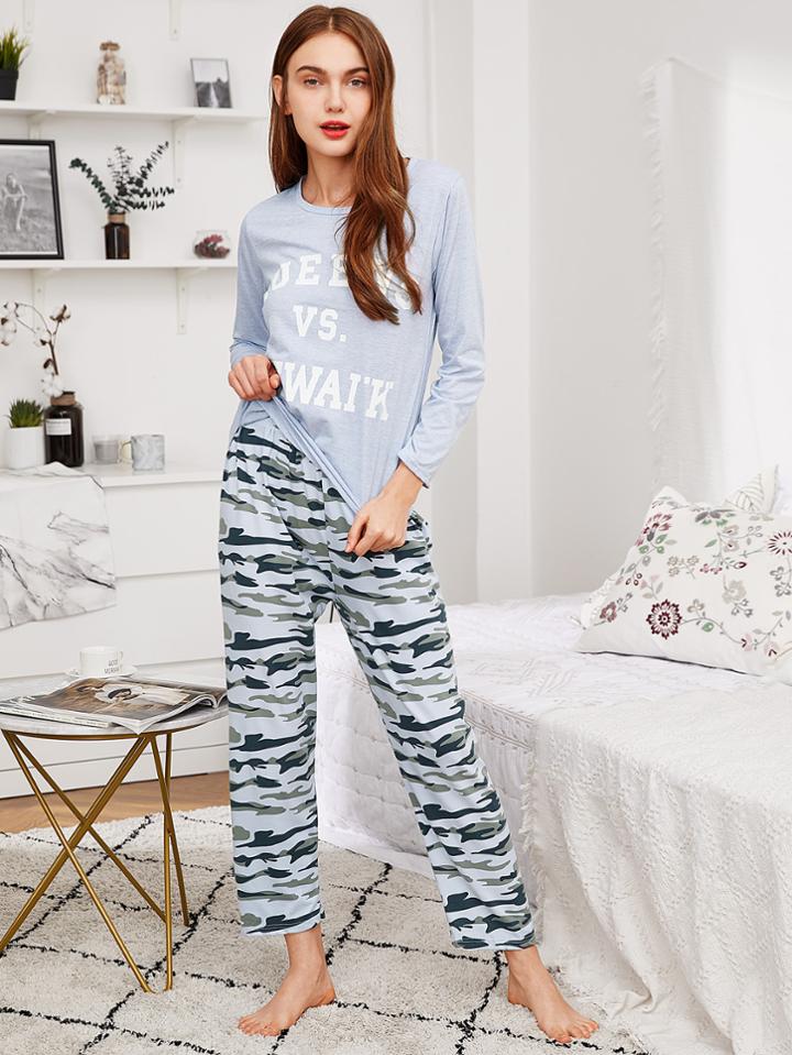 Shein Letter Print Top & Camouflage Pants Pj Set