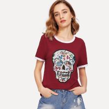 Shein Sequin Embellished Skull Ringer Tee