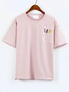 Shein Pen Embroidered Drop Shoulder Pink T-shirt
