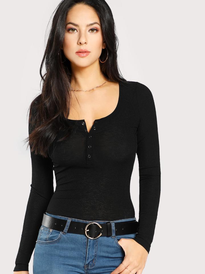 Shein Button Front Solid T-shirt