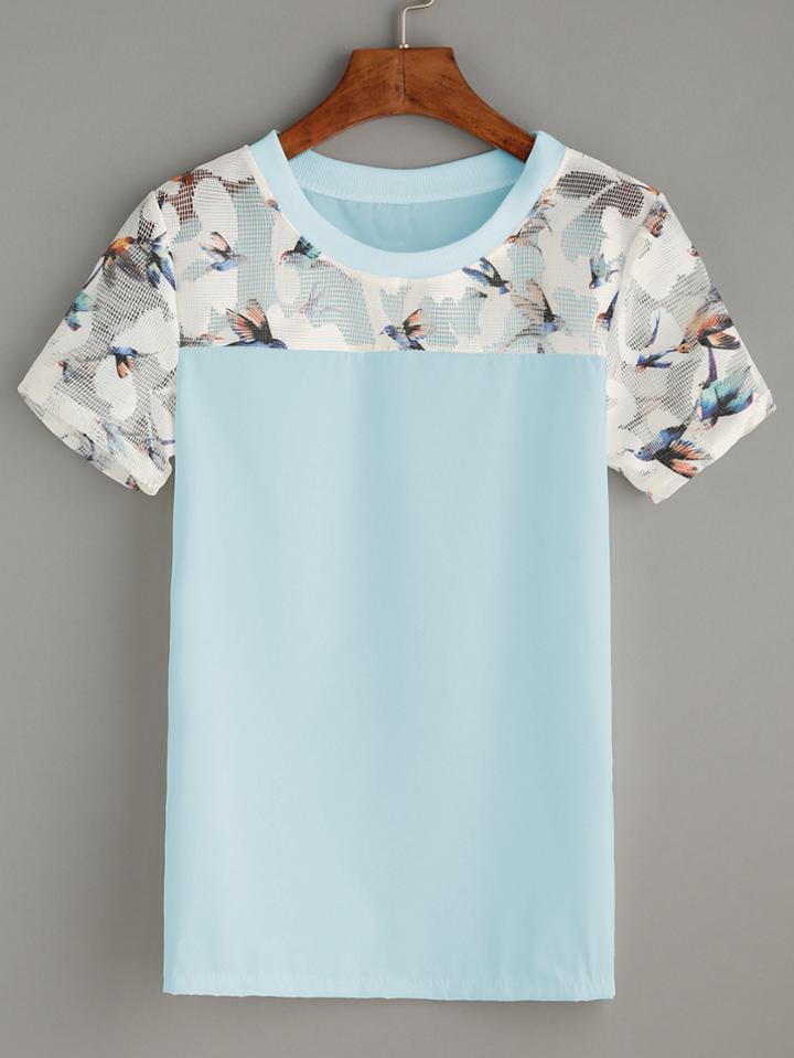 Shein Bird Print Mesh Insert Top