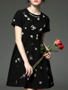 Shein Black Crew Neck Embroidered A-line Dress