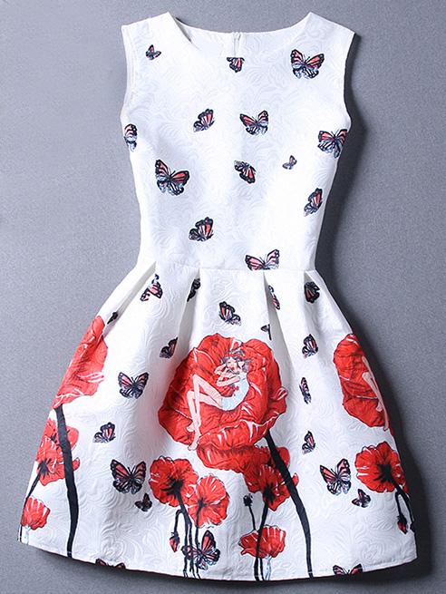 Shein Red White Sleeveless Floral Jacquard Dress