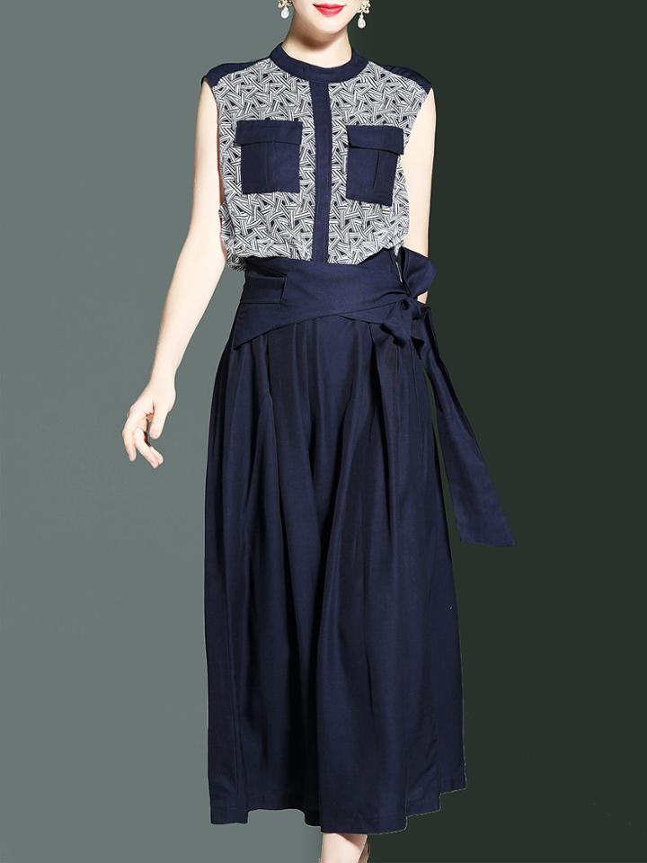 Shein Color Block Print Tie-waist Dress