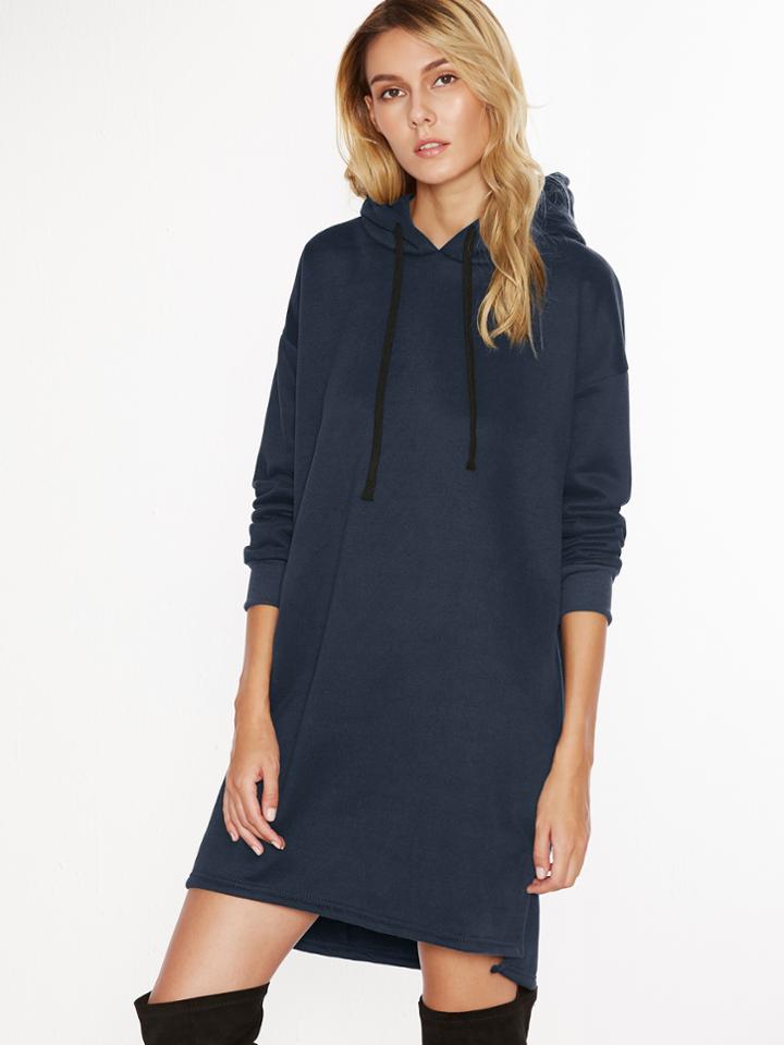 Shein Navy Hooded Slit Side High Low Sweatshirt Dress
