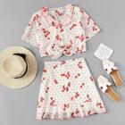 Shein Dot And Cheery Print Frilled Top & Skirt Set